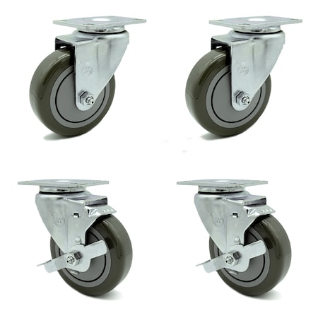 Service Caster 4 Inch Gray Polyurethane Wheel Swivel Top Plate Caster Set with 2 Brakes SCC SCC-20S414-PPUB-2-TLB-2